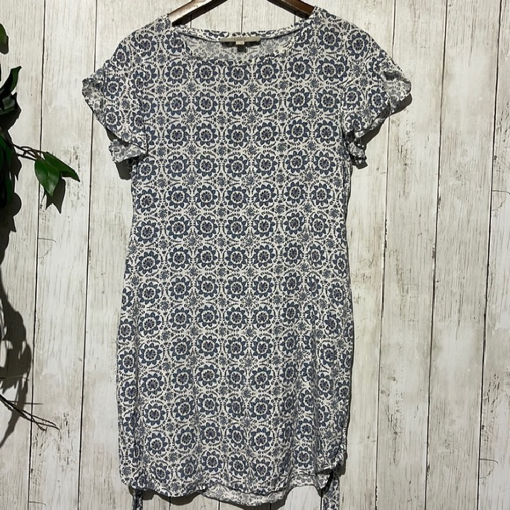LOFT SP Medallion Paisley Dress Women Blue White Flutter Sleeve Tie Waist Petite